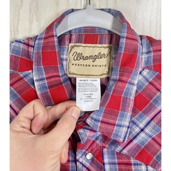 Wrangler Pearl Snap Shirt Men’s Large Red Plaid Long Sleeve Western Rodeo Cowboy - Picture 3 of 7